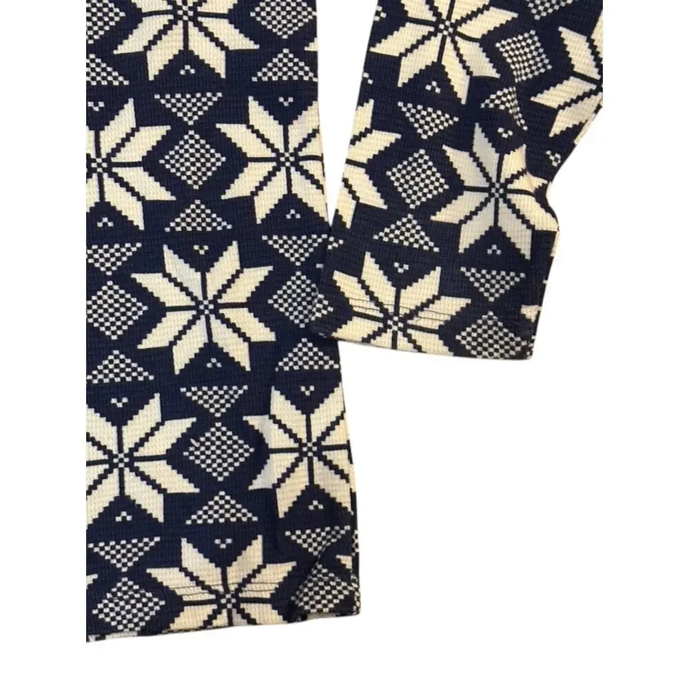 Hanna Andersson Navy Blue & White Snowflake Print Thermal Henley Shirt Sz 12